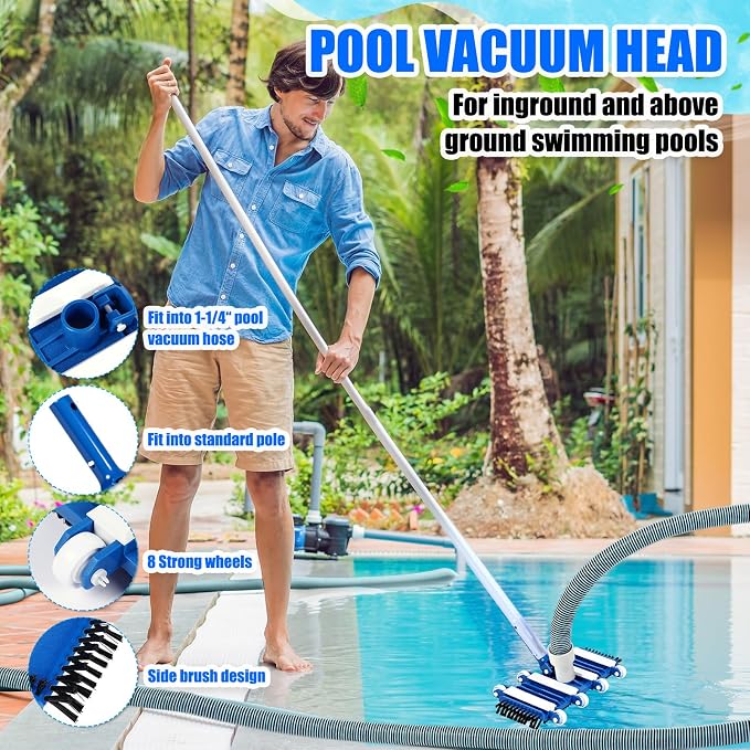 3 Pcs Pool Cleaning Kit Swimming Pool Vacuum Head Hoses 1-1/2" x 30ft with Swivel Wheel Vacuum Head and 14 '' Brush for Inground & Above Ground Pools Spas Ponds Cleaning Manual(with Bristles)