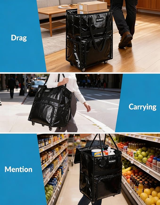 Reusable Rolling Shopping Bag with 5 Wheels, Foldable Grocery Cart Tote with Zipper, Lightweight Heavy-Duty Carry Bag HoldsUp to 66 lbs for Groceries, Laundry, Camping, Moving,Black