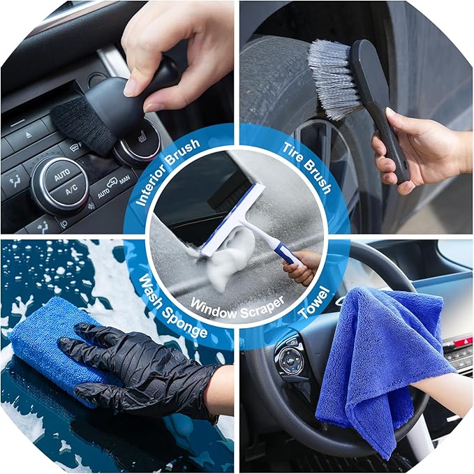 29Pcs Car Detailing Kit Wash Cleaning Kits with Pump Foam Sprayer Collapsible Bucket Wash Brush Large Wash Mitt Towels Complete Interior Exterior Car Detailing Supply Set Blue