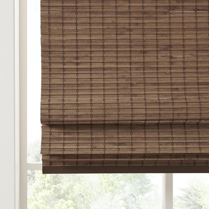 Madison Park Eastfield 100% Bamboo Cordless Roman Shades-Woven Wooden Privacy Panel, Light Filtering Easy Installation Window Blind Treatment, Bedroom, Living Room Decor, 27" W x 64" L, Teak