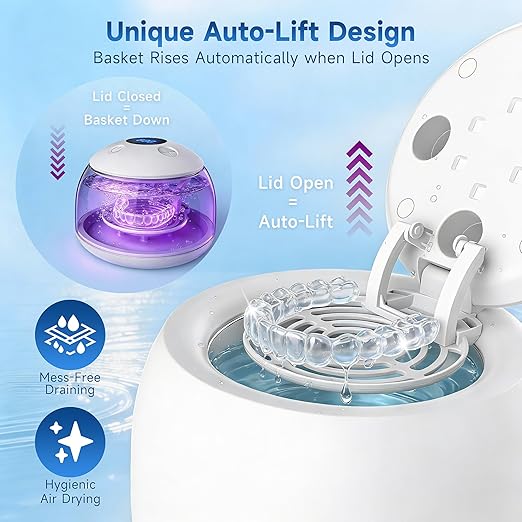 Ultrasonic Retainer Cleaner Machine, 45kHz Denture Dome with UV Light,Dental Cleaning POD for Aligners, Mouth Guards, Night Guards, Toothbrush,Jewelry,200ML Capacity (Silver)
