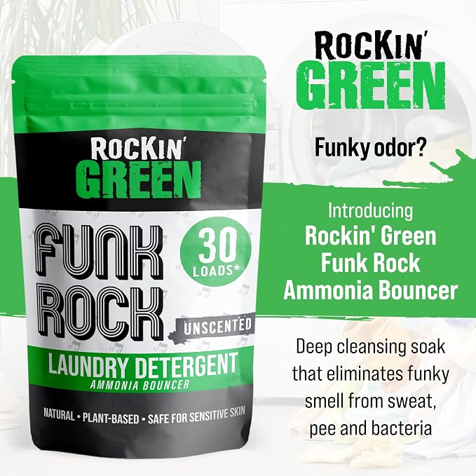 Rockin’ Green Funk Rock Ammonia Bouncer Laundry Pre-Soak, Odor Remover for Activewear, Cloth Diapers, Pet Bedding & Laundry, Unscented Powder, 30 Loads