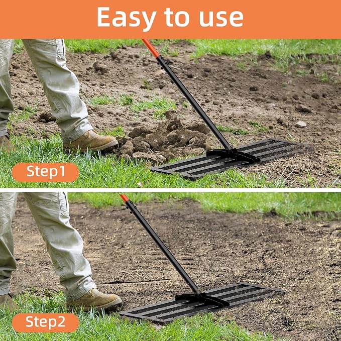 30" x 10" Leveling Rake for Backyard Leveling Kit, 6.5FT Heavy Duty Lawn Leveling Tool for Uneven Grass & Soil, Stainless Steel Yard Leveling Rake for Seeding, Includes Bonus Gloves & 2 Hooks, Black