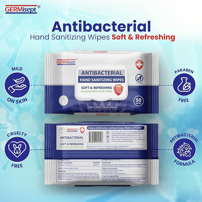 Germisept Antibacterial Hand Sanitizing Wipes Bulk Buy ((50 Count x 3 Pack = 150 Wipes))