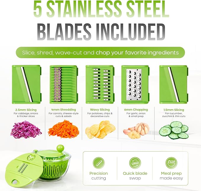5-in-1 Salad Spinner Large with Lid Vegetable Washer and Dryer Fruit Cleaner Vegetable Chopper & Slicer with 5 Blades, 5 Qt Lettuce Spinner Strainer Shredder Bowl Egg Yolk Separator for Easy Meal Prep