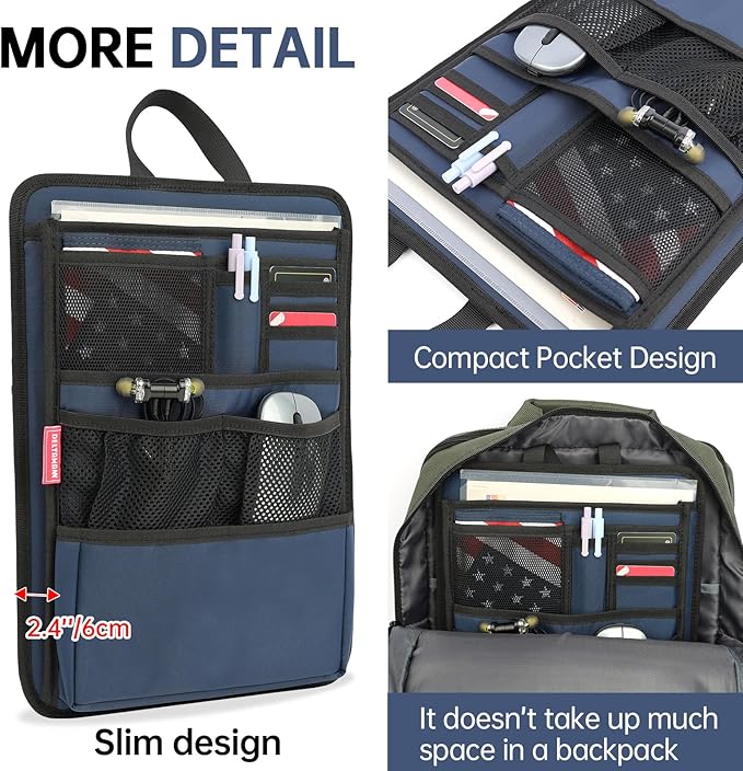 Slim Rugged Backpack Organizer Insert for Business Casual Men Women -13 Pockets,Padded Nylon,Max 14'' laptop - Navy
