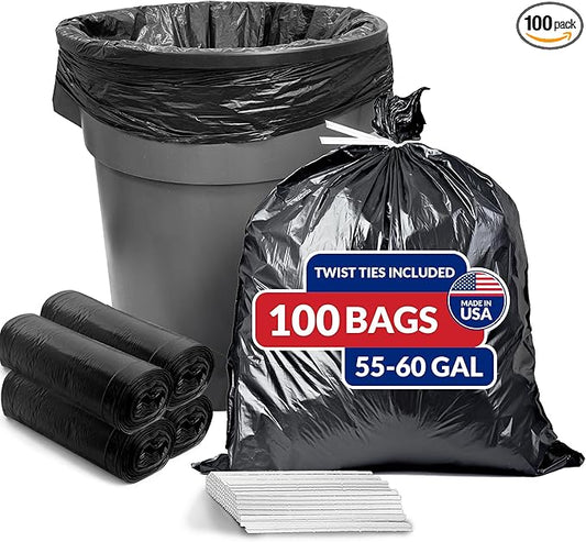 Reli. 55 Gallon Trash Bags Heavy Duty (100 Count) | Black | Twist Ties Included | Extra Tough, Leak-Proof Garbage Bags | Ideal for Large Clean Ups