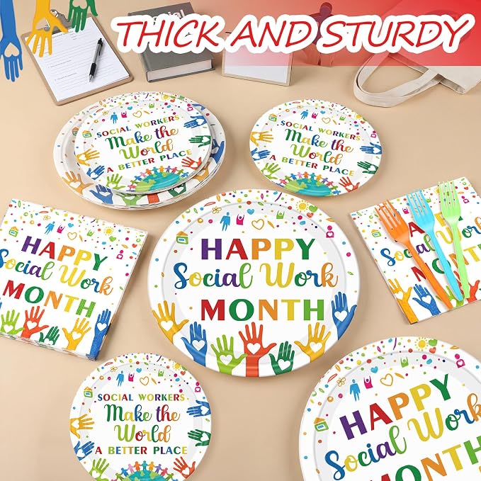 Remerry 96 Pcs Happy Social Work Month Party Supplies Social Workers Make the World a Better Place Tableware Disposable Thank You Employee Staff Paper Plates Napkin for Party Decoration