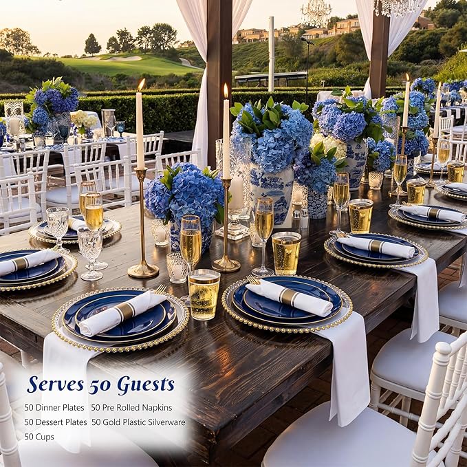 KIRE 350Pcs Blue and Gold Plates -Heavy Duty Navy Blue Dinnerware Set - 100 Plastic Plates 50 Pre Rolled Napkins with Gold Plastic Silverware 50 Cups for Party/4th of July/Wedding