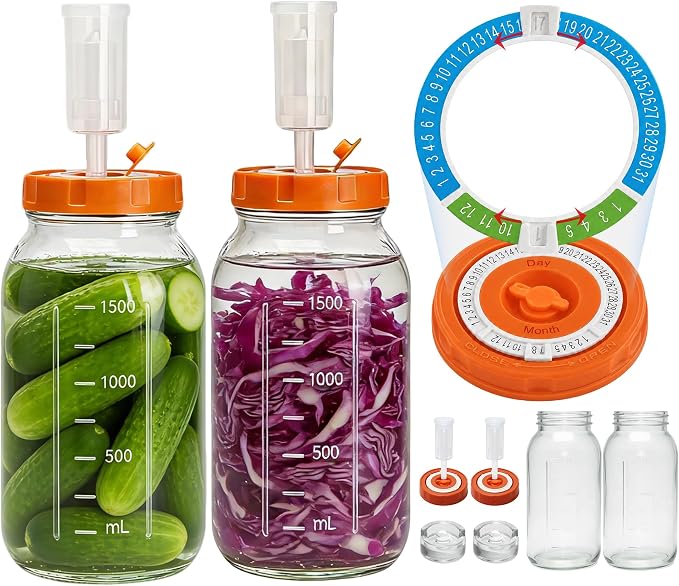 64oz/2L Fermentation Jar Kit, 2 Pack Fermentation Kit with Glass Jars, Fermenting Weights,Seal Lids Can Mark Date and Airlocks for Pickling Sauerkraut Easy Fermenting & Storage(Jar Included)