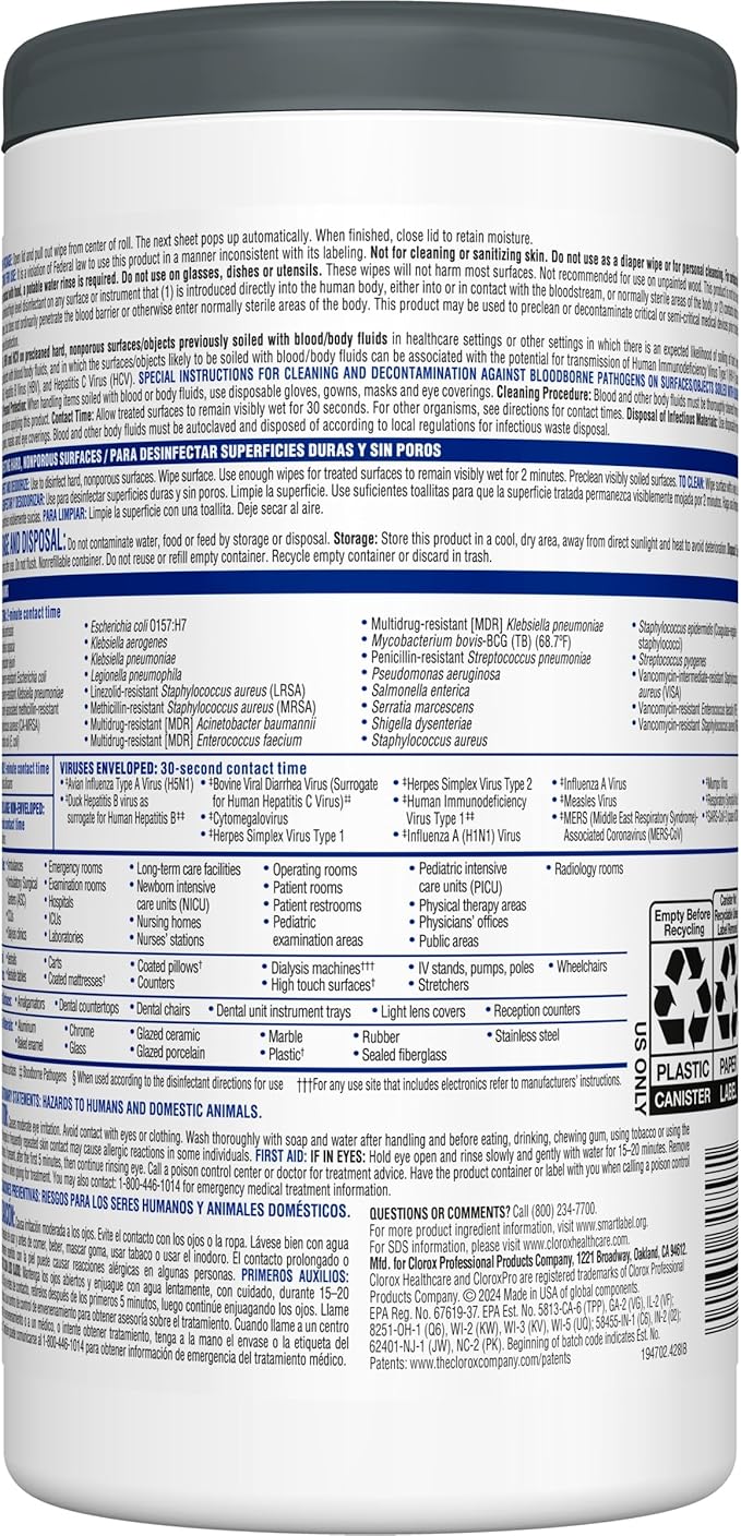 Clorox Healthcare VersaSure Cleaner Disinfectant Wipes, 6.75" x 8", 85 Count Canister, Pack of 6 (Package May Vary)