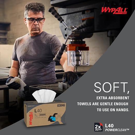 WypAll PowerClean L40 Cloths Extra Absorbent Wipes (03046), Pop-Up Box, Bulk Paper Wipers, White (9 Packs of 90 Sheets, 810 Sheet Total)