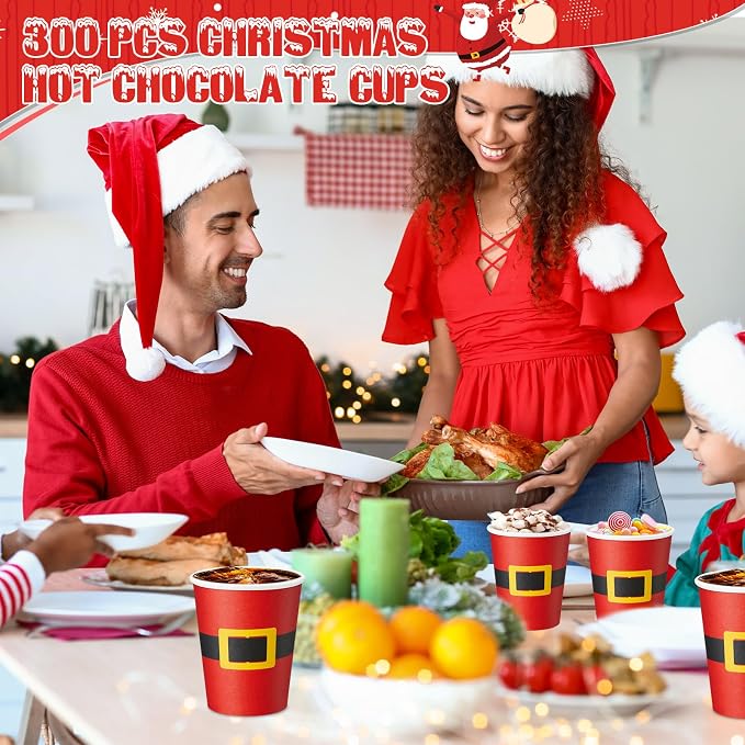 Yaomiao 300 Pcs 9 oz Christmas Paper Cups Santa Claus Belt Design Disposable Christmas Hot Cocoa Coffee Cups Bulk for Hot Cocoa Chocolate Beverage Bar for Daily Use Xmas Holiday Party Supplies