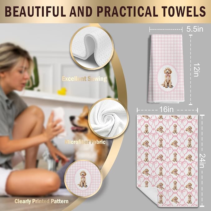 Coquette Pink Bow Goldendoodle Dog Kitchen Hand Towels for Bathroom, Golden Doodle Gifts for Women, Coquette Pink Goldendoodle Dog Girly Bathroom Kitchen Decor, 16x24 Inches Set of 2