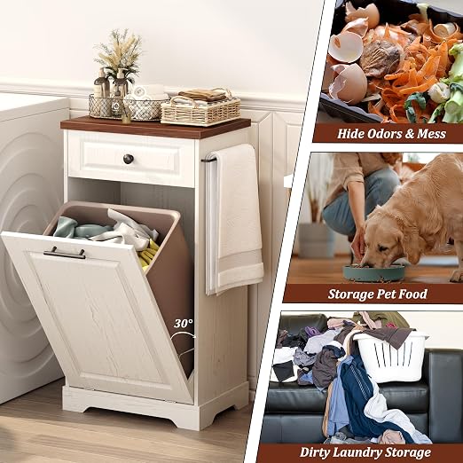 Function Home Trash Can Cabinet, 13 Gallon Tilt Out Trash Cabinet, Wooden Kitchen Garbage Can with Hideaway Drawer, Pet Proof Trash Can Holder for Kitchen Living Room, Antique White with Brown Top