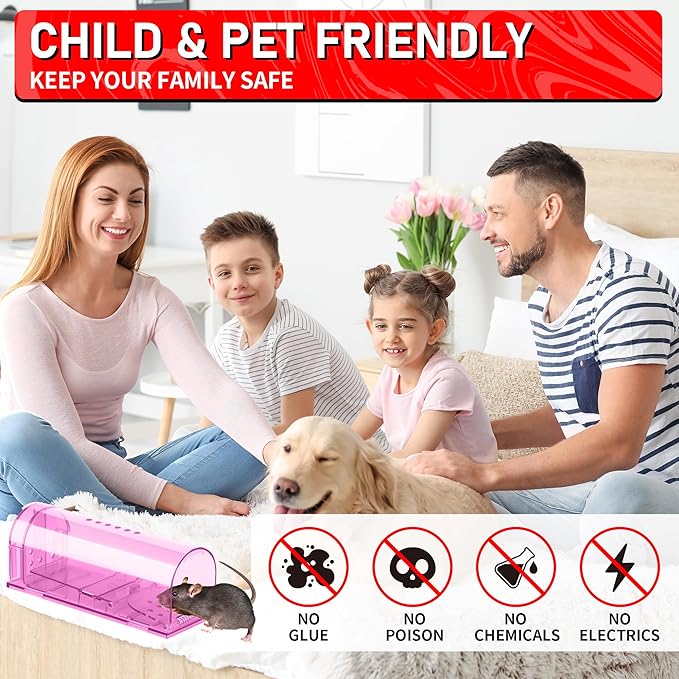 LULUCATCH Humane Mouse Traps 2 Pack | Live No Touch Catch and Release No Kill Rodent Traps | Reusable with Cleaning Brush | Pet Safe Indoor Outdoor for Mice, Rats, Chipmunks, Voles, Pink