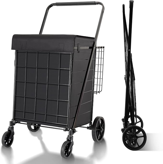 BIEAMA Folding Shopping Cart with Waterproof Liner, Grocery Cart 340 Lb | Utility Cart with Large Bag, Top Cover, 360 Rolling Swivel Wheels, Extra Basket