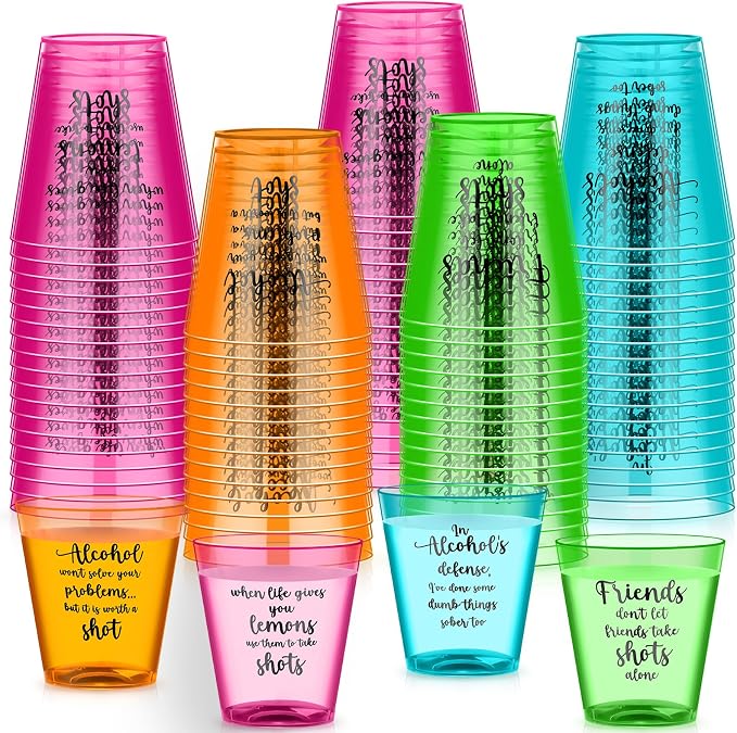 Roshtia 100 Pcs 2oz Funny Shot Glasses for Adults Friends Plastic Shot Cup Colorful Neon Disposable Mini Cups with sayings for Bachelorette Birthday Wedding Adult Party Favors Supplies