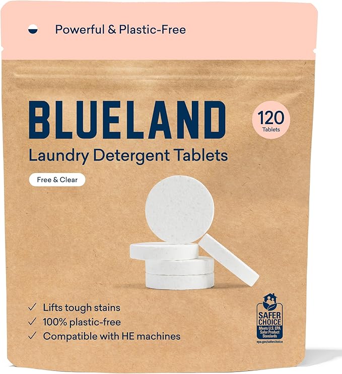 BLUELAND Laundry Essentials Refills | Laundry Detergent Tablets 120 Counts | Oxi Laundry Booster Powder Refill 2 Pack | Plastic-Free & Eco Friendly Oxy Cleaner - Plant Based Stain Remover