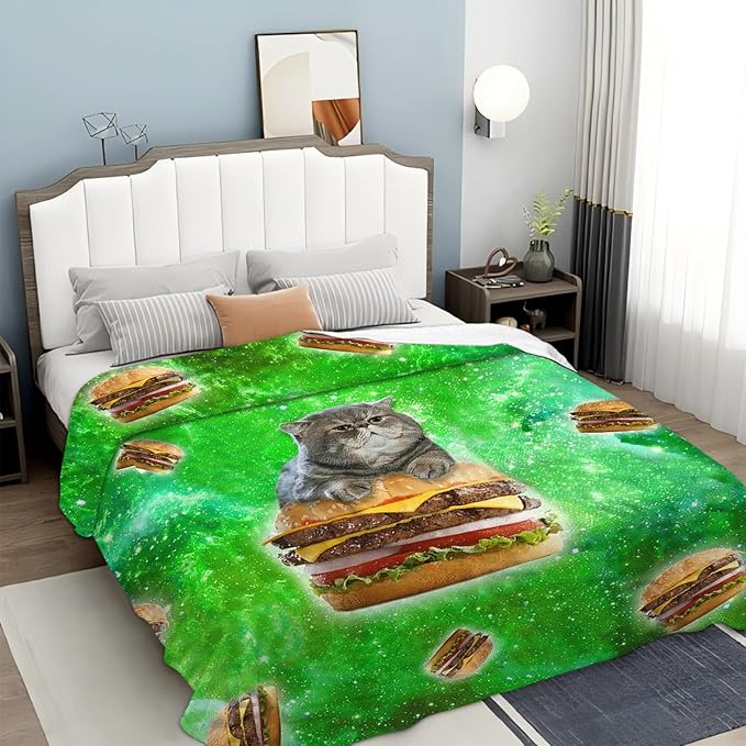 Tijuboni Hamburger Cat Throw Blanket Funny Cat Gifts for Girls Boys Women Men Kids Adults Soft Flannel Fleece Blanket for Couch Sofa Bed Home Decor 60"x80"
