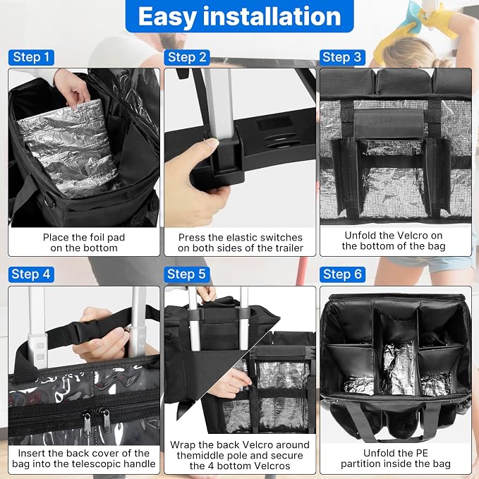 28.5L Large Cleaning Organizer Caddy with Wheels,Cleaning Bags with Detachable Trolley,Cleaning Supplies Bag Built-in Hard Support Board,Waterproof,Multiple Storage Pockets for Housekeepers