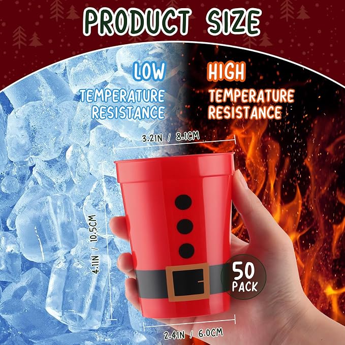 Uiifan 50 Pack Christmas Cups Santa Plastic Cups for Party 12 oz Reusable Stadium Beverage Drinking Tumblers Santa's Belt Plastic Hard for Holiday Festive Party Supplies Decorations(Red)