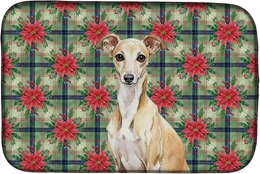 Caroline's Treasures Fawn Italian Greyhound Christmas PoinsettIas Dish Drying Mat Absorbent Dish Drying Mat Pad for Kitchen Counter Dish Drainer Mat for Countertop, 14 x 21", Multicolor