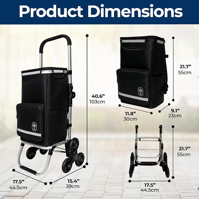 Foldable Stair Climbing Shopping Cart with Wheels – 3-in-1 Grocery Trolley, Backpack & Hand Truck – Lightweight Aluminum Frame, Waterproof Insulated Bag, Side Pockets – Cart for Groceries & Laundry