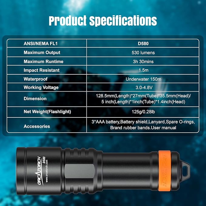 ORCATORCH D580 Scuba Dive Light, Max 530 Lumens Underwater Flashlight with 6 Degrees Narrow Beam, IP68 Waterproof Twist Switch Night Dive Torch, 3 AAA Batteries Included