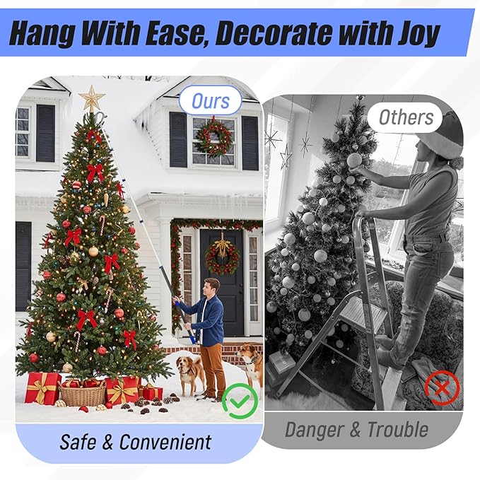 4.3-18ft Telescopic Extension Pole with Utility Hook, Multi-Purpose Aluminum Pole for Painting, Dusting and New Year Window Cleaning Christmas Lights Installation Without a Ladder(Blue)