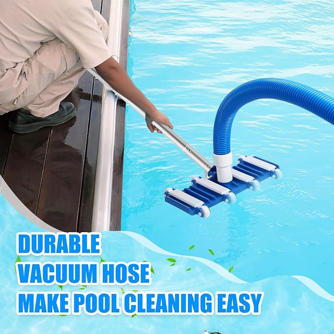 3 Pcs Pool Vacuum Kits Include 14" Vacuum Head with 47" Adjustable Pole with 1-1/2" x 18ft Long Hoses Flexible Head with Wheels for Above Ground Inground Pond Spa Hot Tub