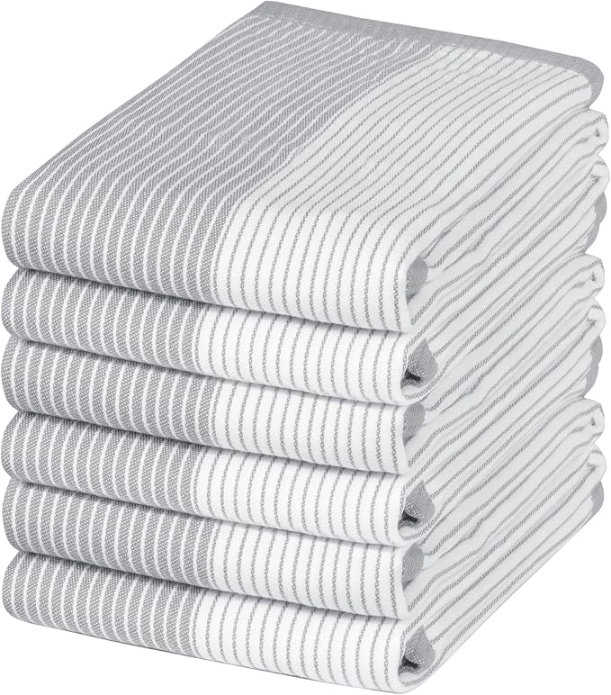 Premium Kitchen Towels (20”x 28”, 6 Pack) | Yarn Dyed Flat Woven Stripe Kitchen Towel Set| 238 GSM | Highly Absorbent with Hanging Loop | Grey