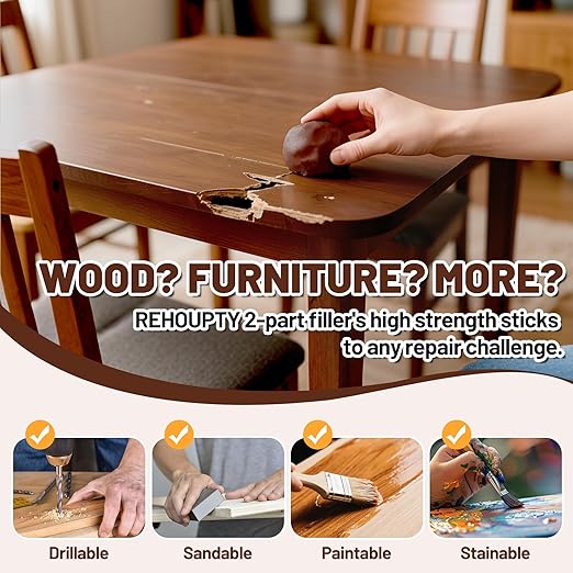 Epoxy Wood Putty Filler Kit, High Capacity Strength Wood Epoxy & Repair Kit - Stainable Paintable 32oz 2-Part Putty Filler, Woodon Filler Interior & Exterior Furniture Repair Set for Damages (Brown)