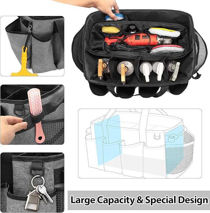 HODRANT Detailing Bag with Polisher Carry Bag, Large Detail Car Care Box for Auto Detailing Supplies, Car Wash Caddy & Trunk Organizer for Buffer Bottle Towel & Cleaning Kit, Gray, Patent Design