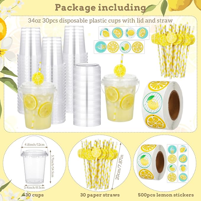 30 Sets 34 oz Large Lemon Plastic Cups with Lids Straws Stickers Lemonade Cups Yellow Cold Beverage Drinking Containers for Lemonade Bar Supplies Stand Supplies Birthday Party Decoration