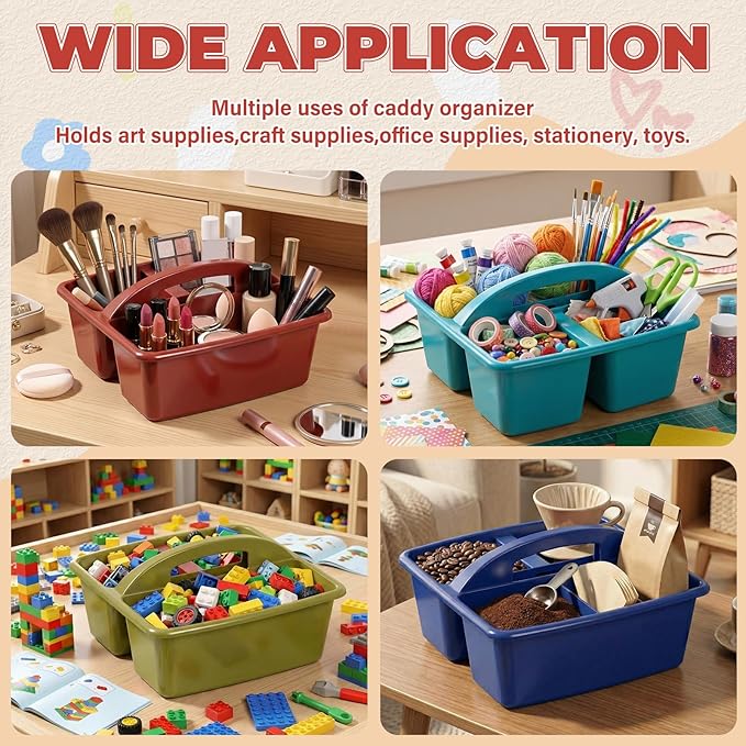 Kathfly 12 Pack Caddy Organizer with Handle, Stackable Organization Storage, Small Plastic Basket Classroom Caddy for Table Desk Office Pencil Kids Room Craft Art Teacher School Supplies (Deep Color)