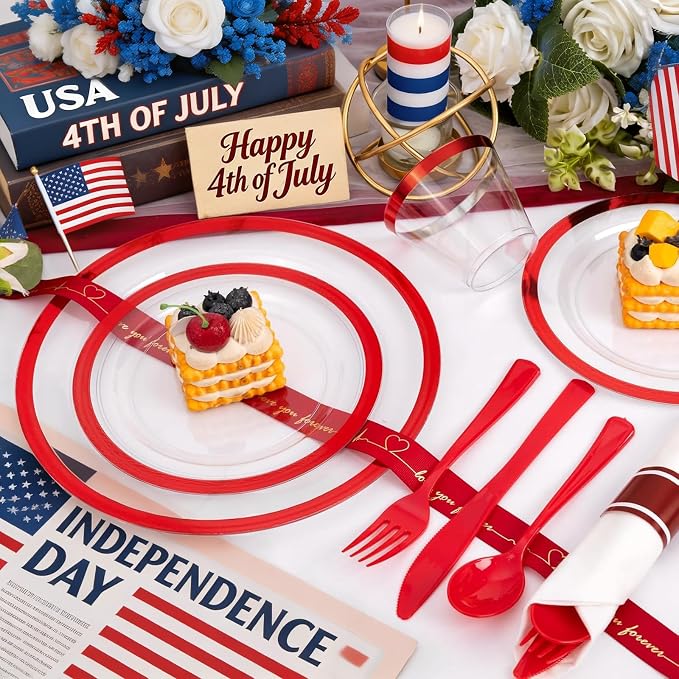 Liacere 350PCS Clear and Red Plastic Plates and Napkins for 50Guests Plastic Dinnerware Set-100 Red Disposable Plates 50 Pre Rolled Silverware Set,50 Cups for Party & Wedding & 4th of July