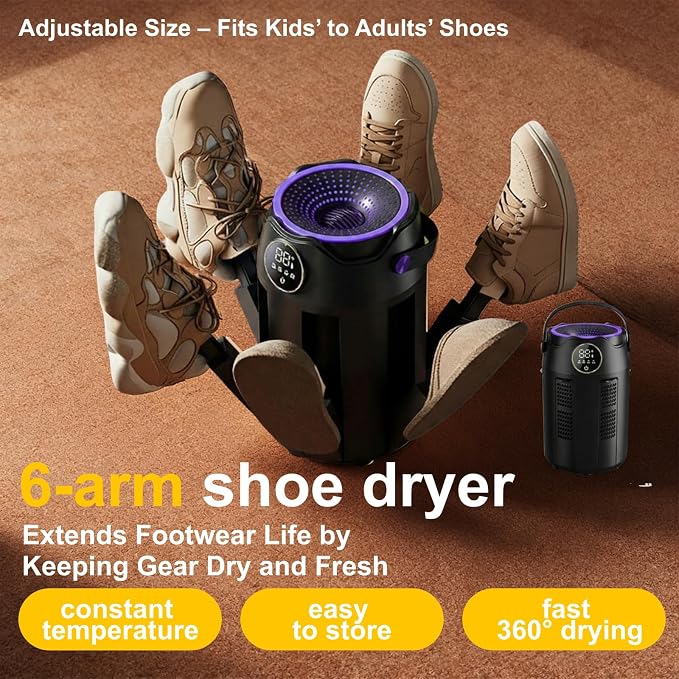 6-Arm Boot and Glove Dryer Family Size – Forced Air Boot Dryer with Heat Blower & Timer. Foldable Ski Boot Dryer, Warmer & Hockey Equipment Dryer for Shoes, Ski Gloves, Hats – Adjustable Rack(Black)
