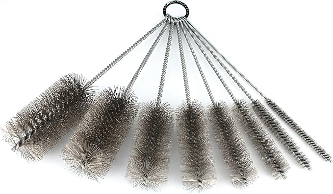 12 Inch Pipe Cleaning Brush Set with Stainless Steel Bristles, 8 Piece Variety Pack | for Auto Parts, Bottles, Guns, Tubes, etc.