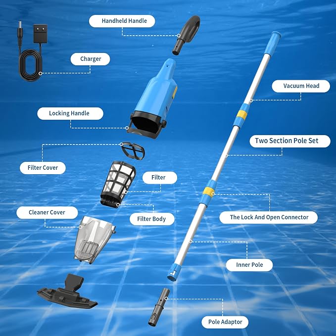 Cordless Rechargeable Pool Vacuum for Above & In-Ground Pools – 18GPM Suction, 90 Min Runtime, Fast 3H Charge, 69" Telescopic Pole – Deep Clean for Spa, Hot Tub, Sand, Leaves, Debris (Blue)