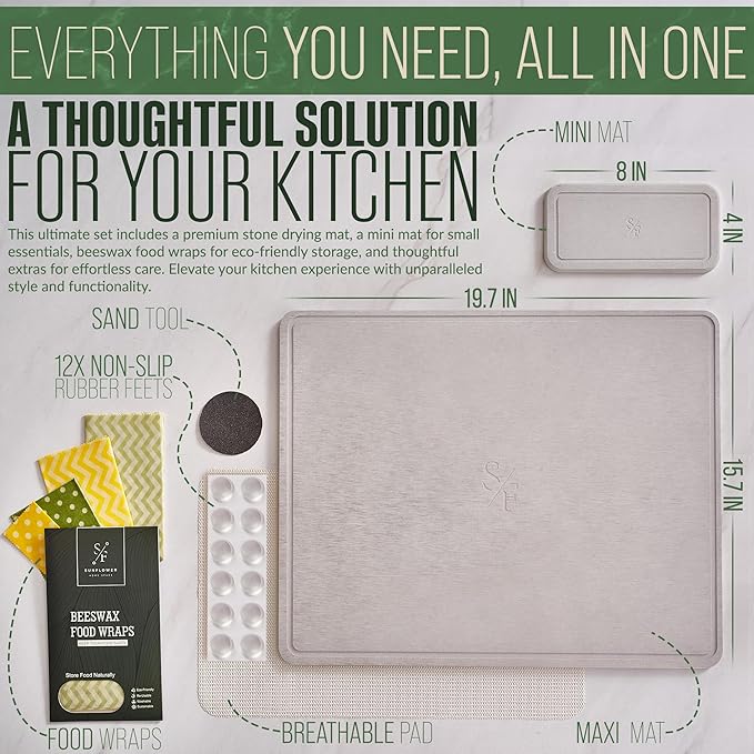 Large Stone Dish Drying Mat - Double-Sided Stone Drying Mat for Kitchen Counter - 3-Pcs Gift Set (Light Grey, 20" x 16")