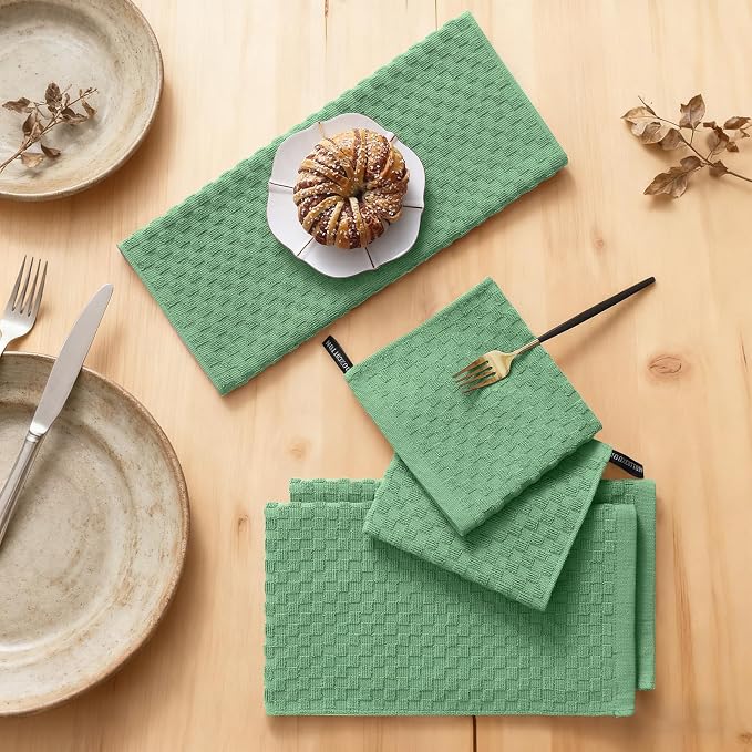 Homaxy 100% Cotton Kitchen Towels and Dishcloths Set, 12 x 12 & 15 x 25 Inches, Set of 10 Bulk Terry Cloth Dish Towels, Super Soft and Absorbent Hand Towel with Hanging Loop, Grass Green