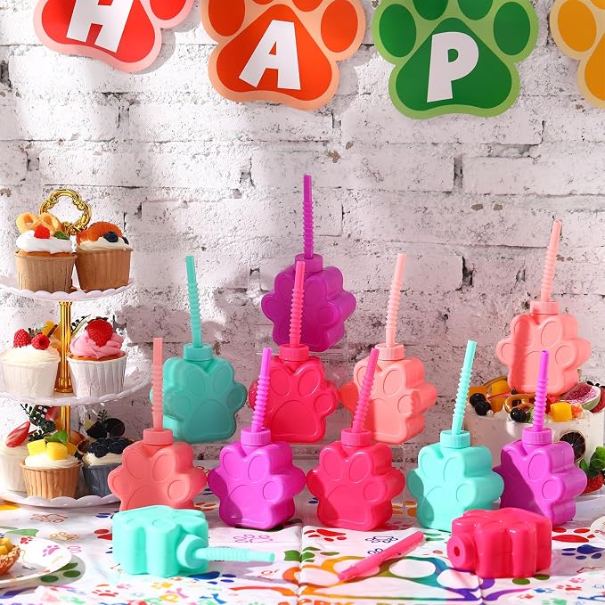 Sratte 12 Pieces 10 oz Dog Paw Cups for with Straw and Lid Dog Theme Birthday party Plastic Puppy Paw Print Drinking Cups for Pet Theme Party Supplies Decorations