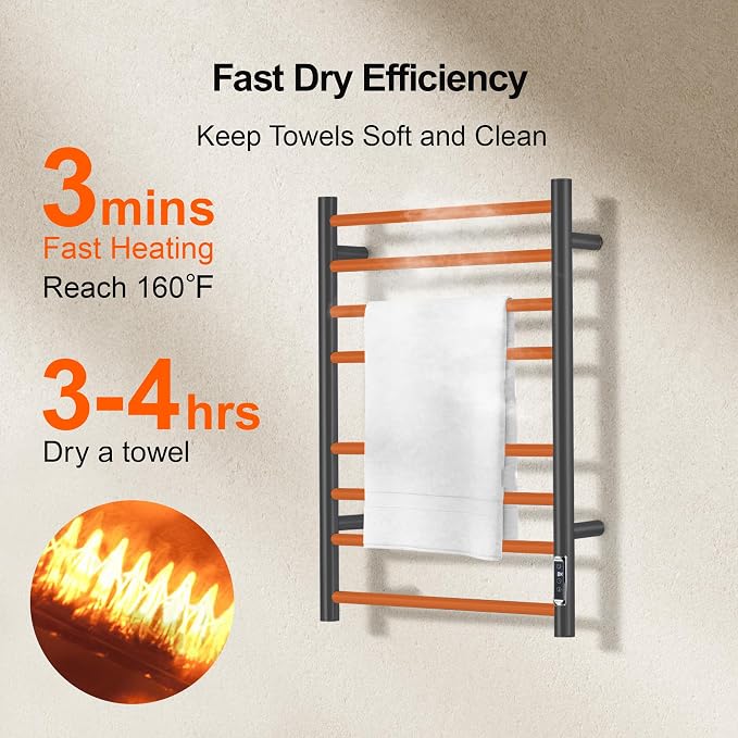 Towel Warmer Bathroom Wall Mounted Drying Rack Plug-in Electric Heated Towel Rack Stainless Steel Black with Timer & Temperature Control 8 Bar