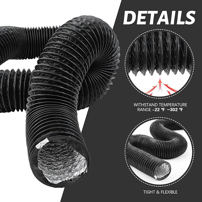 Zonon Dryer Vent Hose 5 Inch X 32 Feet Flexible Aluminum Foil Ducting Non Insulated with Stainless Steel Clamps and Aluminum Tape for Pipe, HVAC Heating Cooling Ventilation and Exhaust(Black)