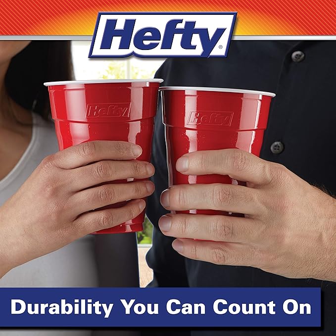 Hefty Party On Disposable Plastic Cups, Red, 18 Ounce, 8 packs of 25 Count