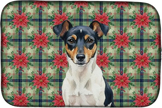 Caroline's Treasures Tricolor Rat Terrier Christmas PoinsettIas Dish Drying Mat Absorbent Dish Drying Mat Pad for Kitchen Counter Dish Drainer Mat for Countertop, 14 x 21", Multicolor