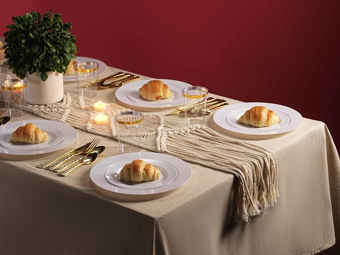 Munfix 100 White Plastic Plates Set, 50 Pcs 10 Inch Plastic Dinner Plates and 50 Pcs 7 Inch Plastic Dessert Plates, Elegant Fancy Heavy Duty Disposable Plates for Party, Wedding, White