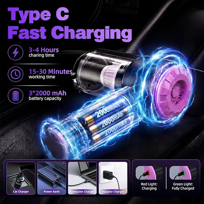 Wansimoo Handheld Car Vacuum Cleaner,25000PA Strong Cyclonic Suction Mini Vacuum Portable Cordless with Digital Display and One Touch Dust Removal for Car, Home, Office, Kitchen (Purple)