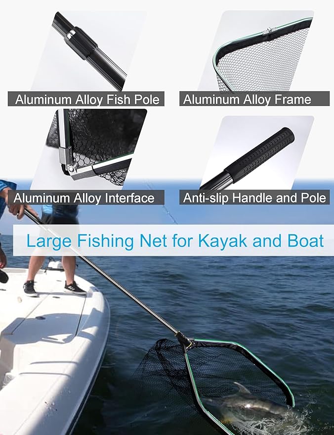 Saltwater Large Fishing Net with Handle 75.8"-105.7" - Extra Large Rubber Fishing Landing Net with Telescoping Handle Fish Net, Aluminum Half Folding Nets, Depth 26.8in